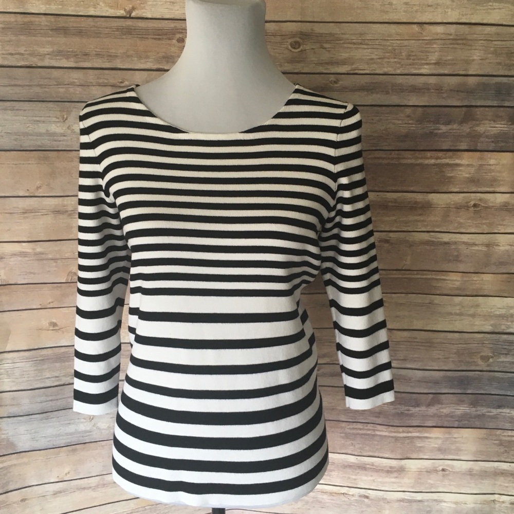Talbots Woman Petite B&W Stripe 3/4 Sleeve Top